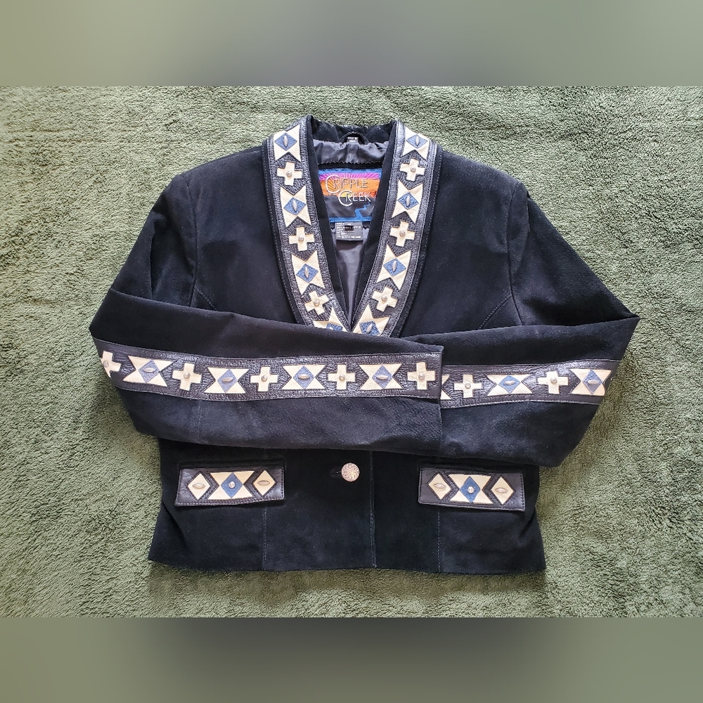 Cripple Creek Cropped Black Leather Aztec Trim Jacket Women's Size M